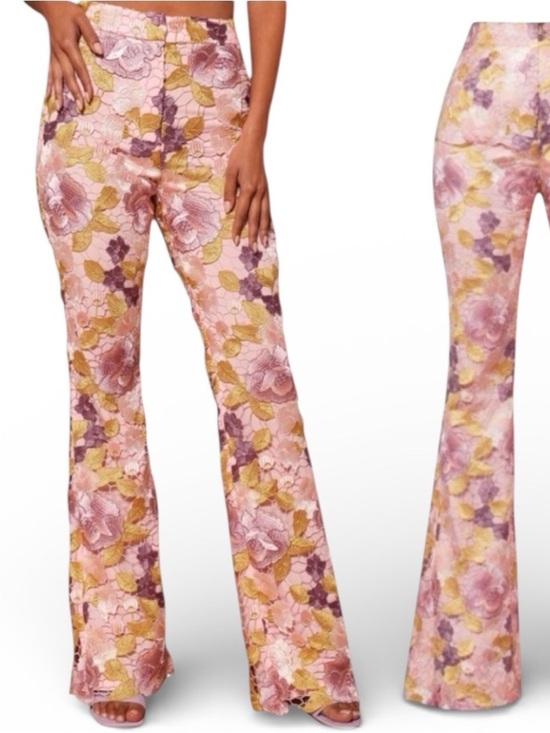 Fashion Nova Pants - New Lucille Embroidered Boot Cut Wide Leg Floral Pant Size Large in Pink/Combo